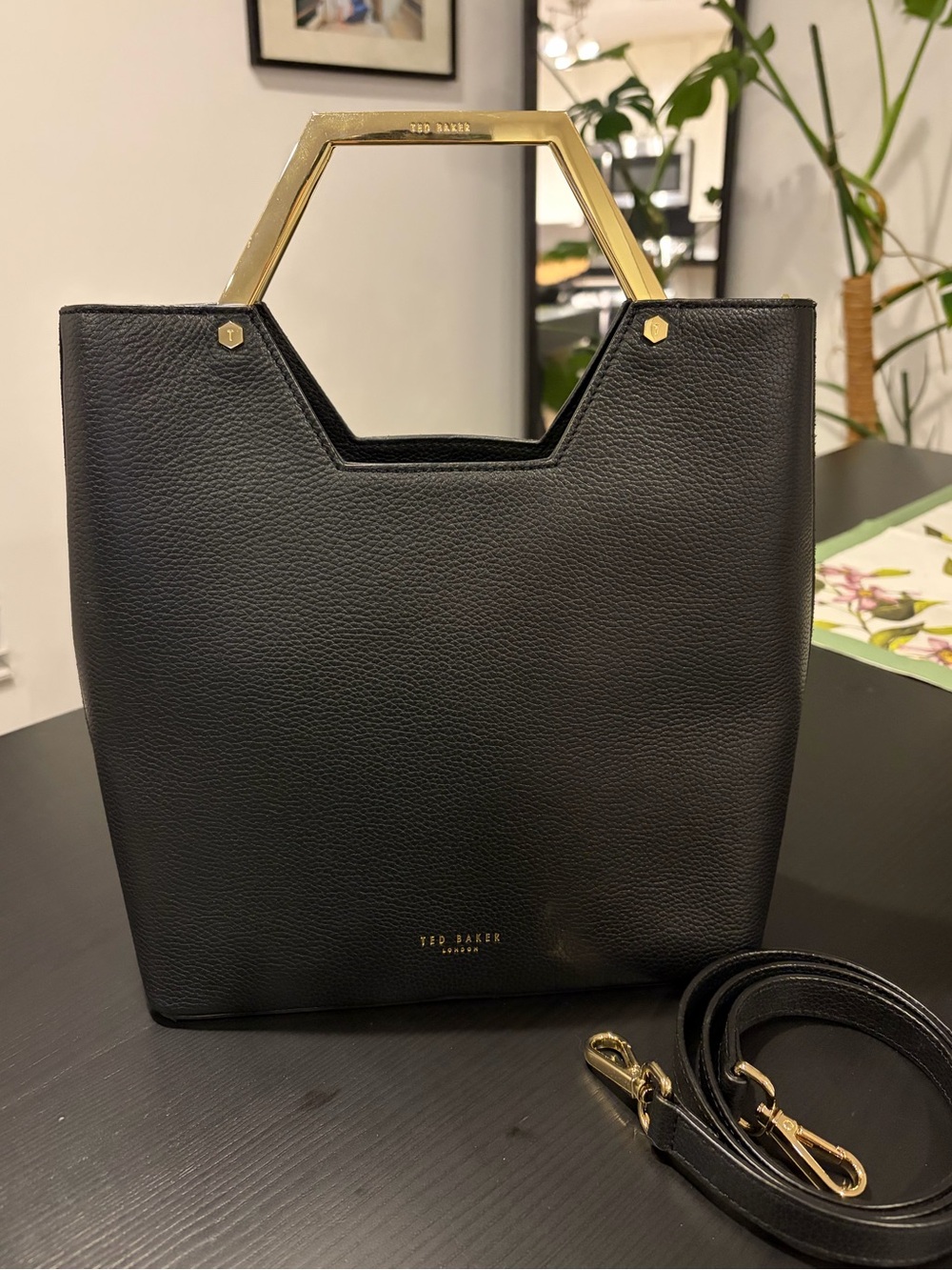 Ted Baker Black Leather Tote with Gold Hex Handle and Strap